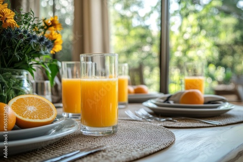Freshly squeezed orange juice served with slices on a beautifully arranged ta...