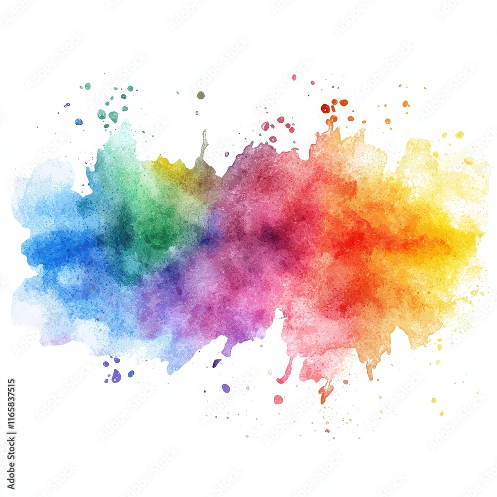 Fototapeta premium Vibrant Watercolor Splash In Purple, Blue, Green, And Orange Hues On A White Background, Blending Dynamic Fluidity With Creative Expression. Perfect For Artistic Design And Decorative Artwork.
