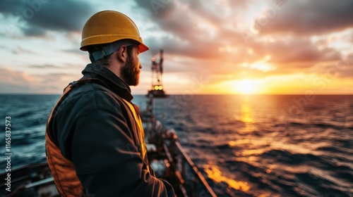 A man in safety gear looks out over the ocean as the sun sets, embodying a sense of duty, exploration, and the beauty of maritime life. photo