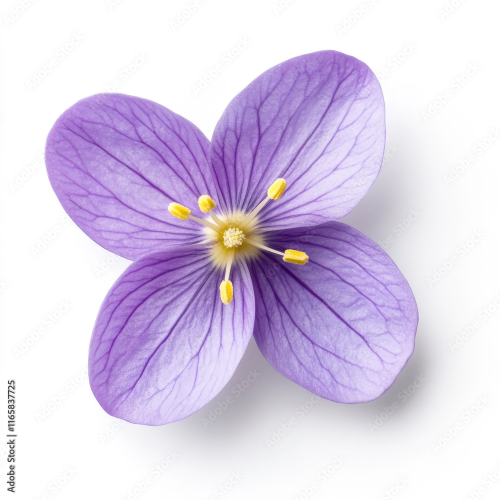Obraz premium Delicate Purple Flower with Vibrant Petals and Yellow Stamen Isolated on White Background for Nature and Floral Themes