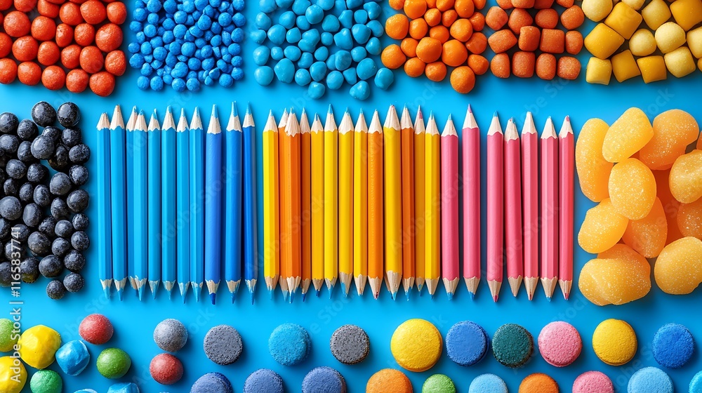 Colorful candies and pencils arranged on a blue background. Colorful candies and pencils arranged on a blue background.