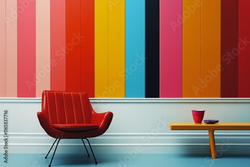 Bright yellow couch with colorful striped wall in modern living room decor