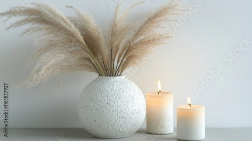 Elegant arrangement of pampas grass and candles on a minimalist table