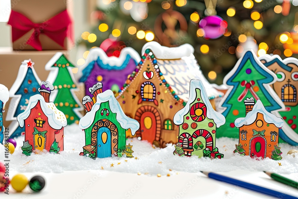 Obraz premium Festive Christmas coloring page with Santa, gifts, and holiday decorations.