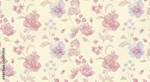 A seamless pattern featuring pastel-colored flowers and leaves. Watercolor Floral Background with Multicolored Fresh Bloosoms. Design Element for Greeting Cards, Banners, Leaflets and Flyers. photo