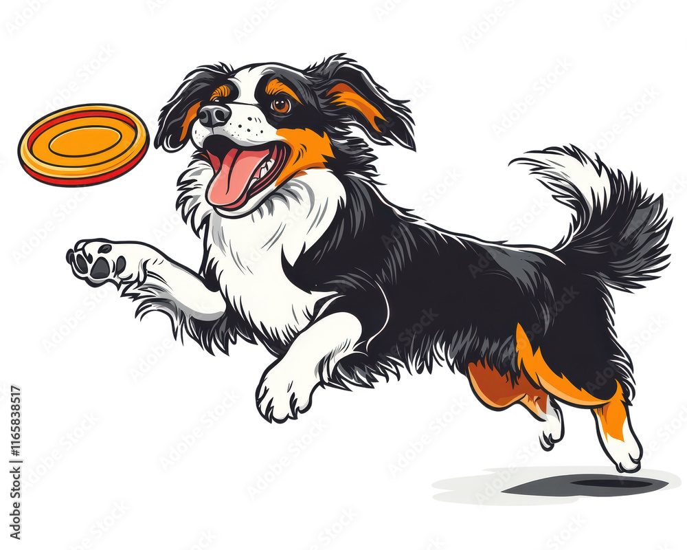 Fototapeta premium Dog chasing frisbee, white isolate background