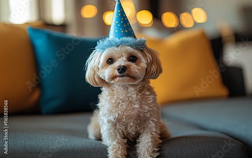 Cute dog wearing a party hat celebrates a special occasion indoors with festi...