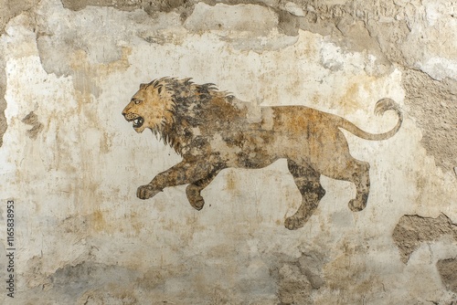 Cracked vintage mural of a lion, reminiscent of ancient art, depicting an animal in a painting concept, antique. photo