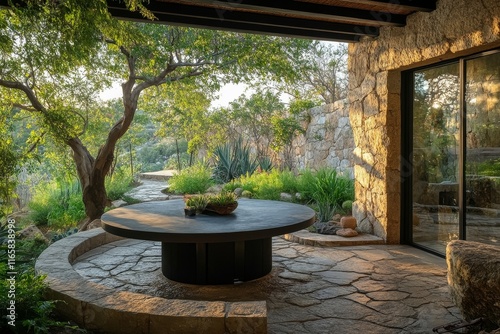 Serene garden seating area with stone table and vibrant flowers at a peaceful...
