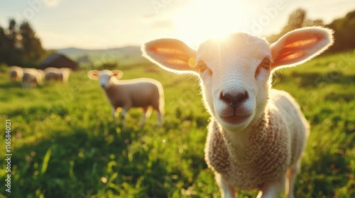 A close-up shot of a friendly sheep basking in sunlight in a green field, showcasing the gentle nature of these animals amidst the serene beauty of the countryside. photo