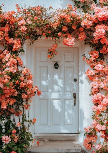 Charming white door adorned with pink flowers in a quaint setting during spri...