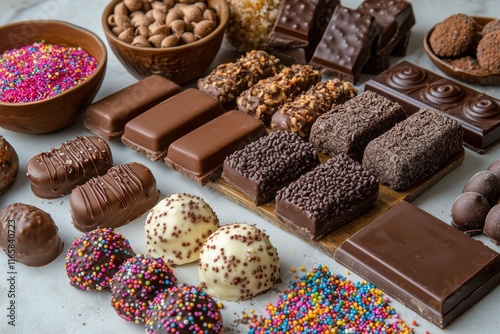 Assortment of delicious chocolate treats displayed on a wooden surface during...