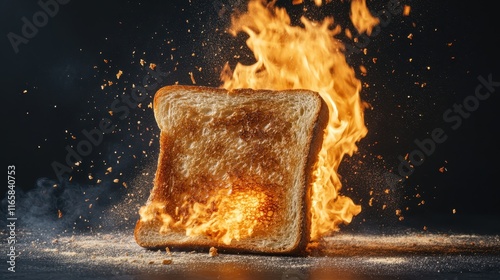 An image of a slice of toast on fire, illustrating the intense dynamism and energy of culinary experiences. The flames and smoke evoke themes of urgency and unpredictability. photo