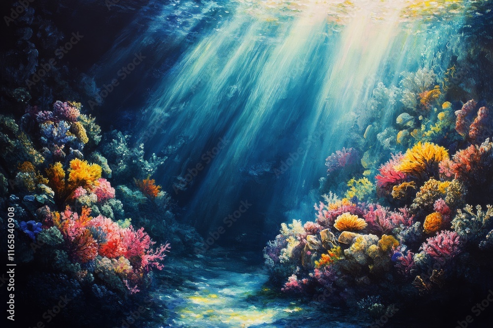 Naklejka premium Vibrant coral reef thriving under sunlight beams in clear blue ocean water