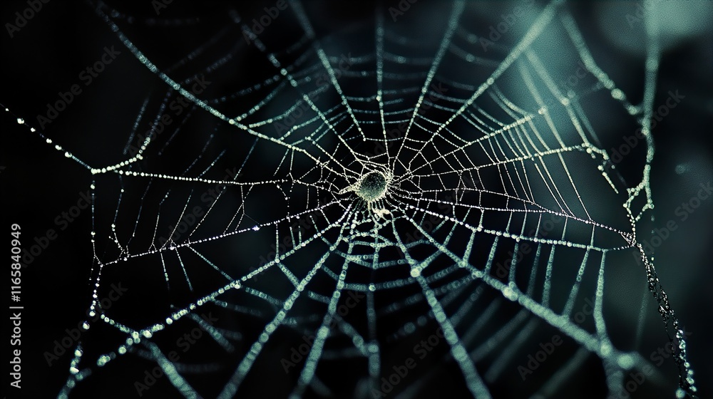 Fototapeta premium Intricate Spiderweb with Dew Drops: Nature Macro Photography