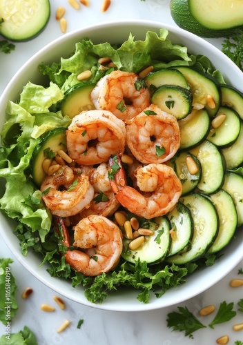 Fresh shrimp salad with zucchini and pine nuts for a healthy meal