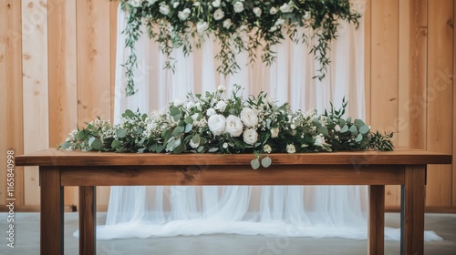 Elegant floral arrangement on wooden table at rustic venue for special occasion
