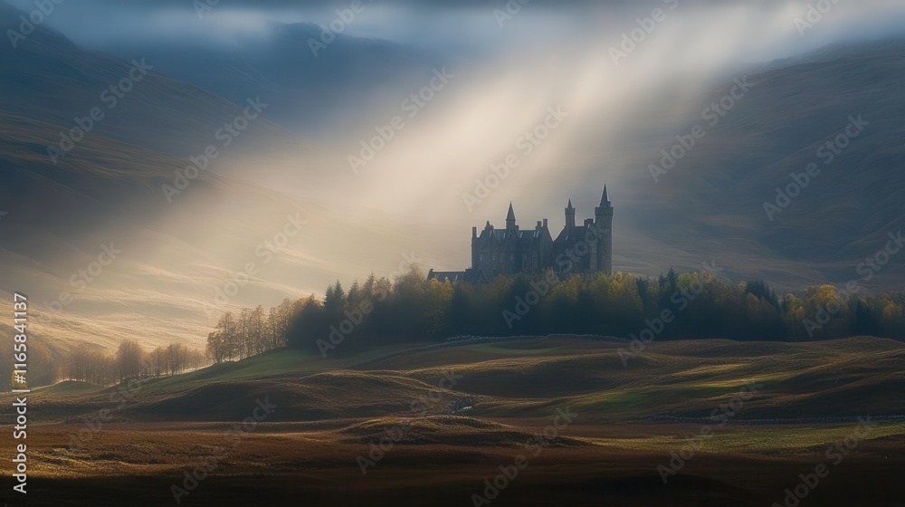 Obraz premium Dramatic Castle on a Hill in a Serene Landscape
