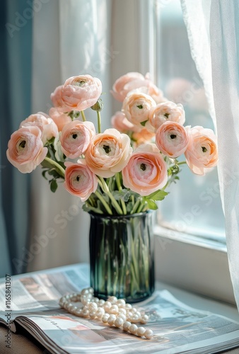 Beautiful arrangement of pink ranunculus flowers in black vase by the window ...