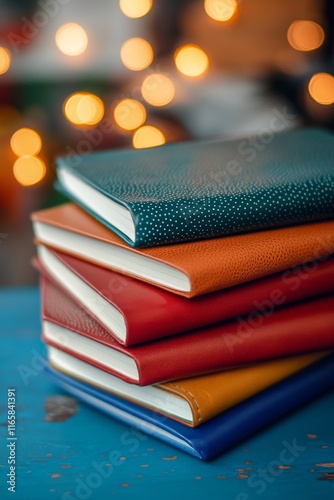 Colorful stacked notebooks on blue surface with sparkling lights in the backg...
