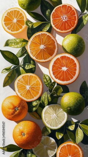 Colorful arrangement of citrus fruits with green leaves on a bright background