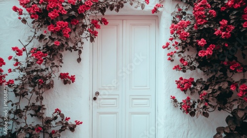 Beautiful pink roses framing a vintage white door in a charming garden setting