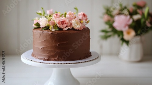 Delicious chocolate cake decorated with fresh flowers on a white cake stand