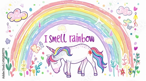 Vibrant Hand Drawn Vector Illustration of a Bad Unicorn Smelling Rainbow