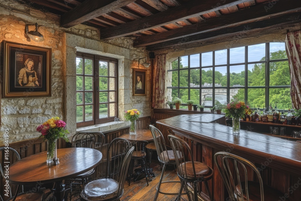 Fototapeta premium Inviting interior of a country-style bistro with fresh flowers on tables and a wooden bar, bathed in natural light