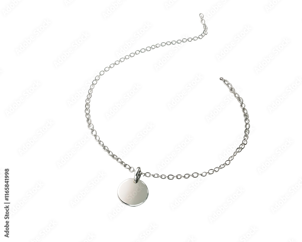 Elegant silver necklace with a round pendant on a white isolated background. Elegant silver necklace with a round pendant on a white isolated background.