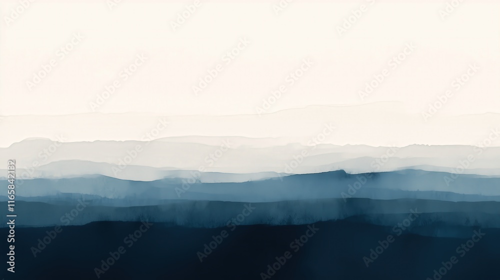 Abstract Watercolor Landscape Of Serene Blue Layers Depicting Tranquil Mountains With Smooth Gradients. Perfect For Modern Decor, Wallpapers, And Ethereal Artistic Inspiration. Abstract Watercolor Landscape Of Serene Blue Layers Depicting Tranquil Mountains With Smooth Gradients. Perfect For Modern Decor, Wallpapers, And Ethereal Artistic Inspiration.