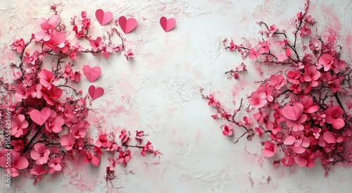 Beautiful pink blossoms and heart decorations create a charming spring atmosp...