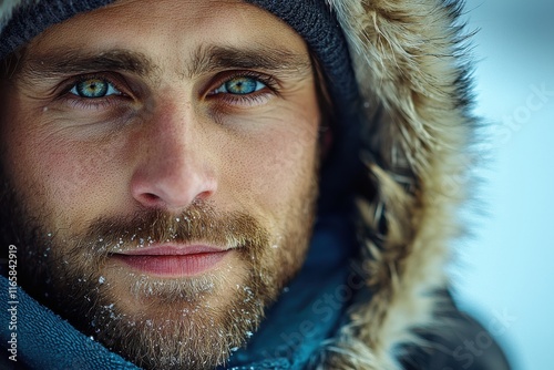 Close-up of a man with striking blue eyes in a snowy landscape wearing a fur-lined hooded jacket during winter photo