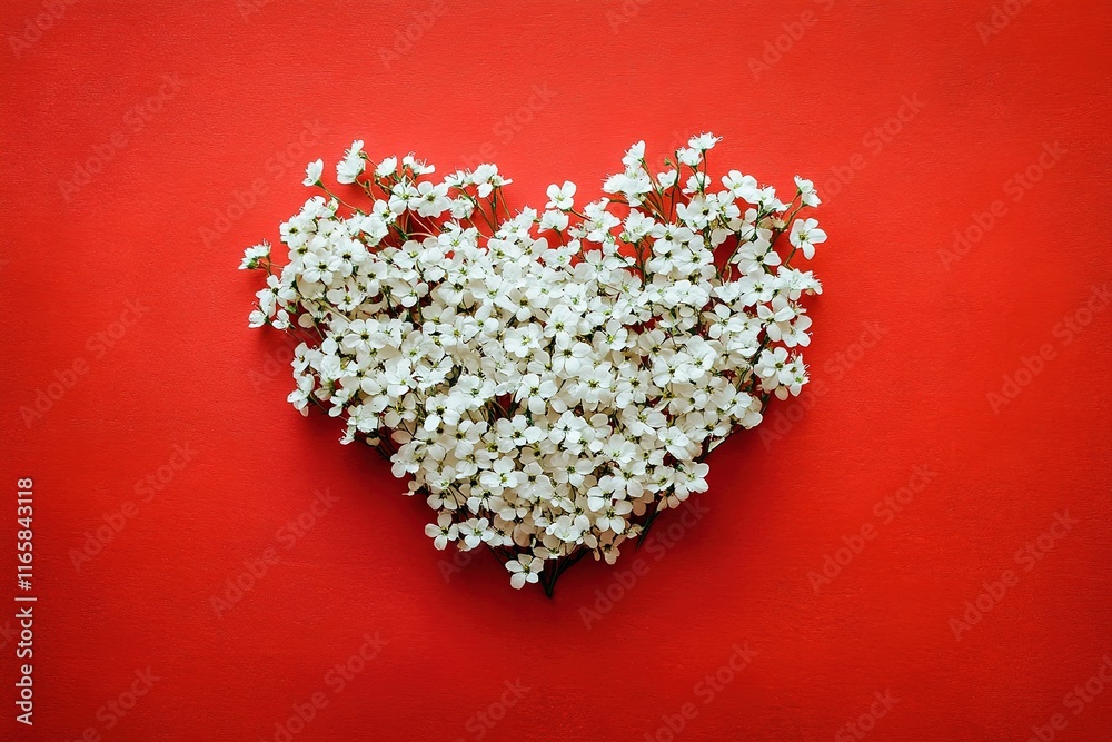 Fototapeta premium Delicate white flowers arranged in a heart shape on a vibrant red background.