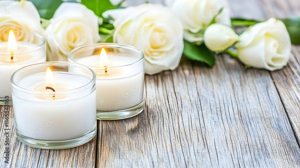 White Rose and Candle on Black Background Copy Space Banner White Rose and Candle on Black Background Copy Space Banner