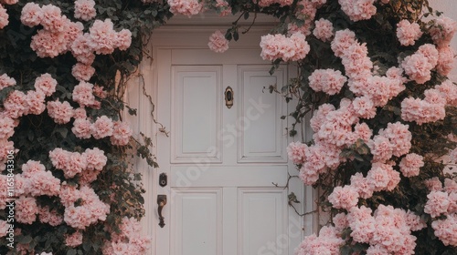 Beautiful pink roses framing a vintage white door in a charming garden setting
