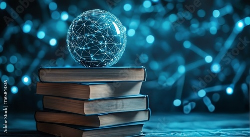 Books stacked with a glowing digital globe symbolizing knowledge and connecti...