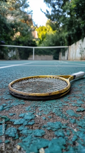 Tennis racket rests on court during golden hour with soft light filtering thr...