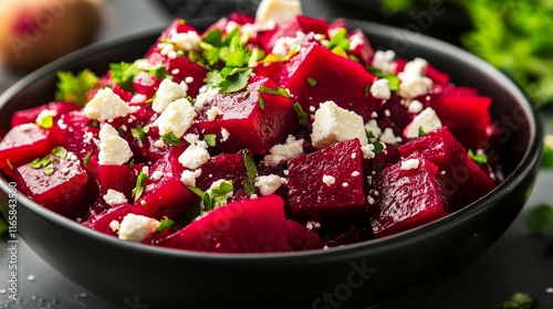 Fresh beet salad with feta and herbs served in a modern black bowl