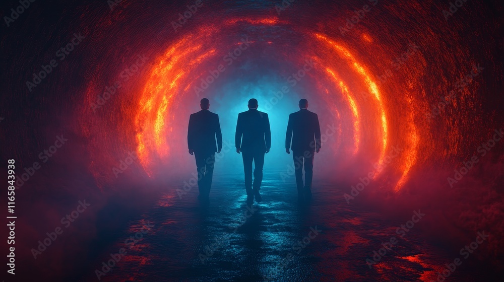 Three men walk through a tunnel with red walls and blue lights Three men walk through a tunnel with red walls and blue lights
