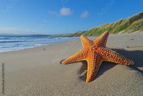Starfish resting on serene beach under clear blue sky