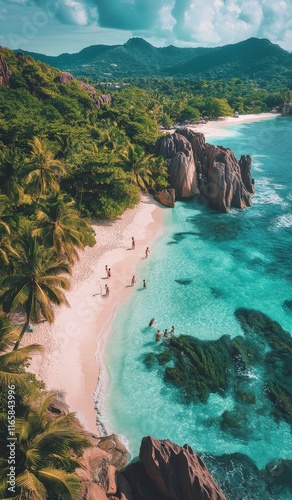 Beautiful tropical beach with lush greenery and gentle waves during the day