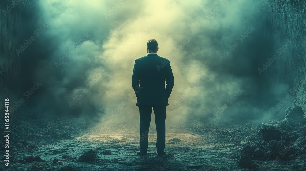 A man in a suit stands in a dark, smoke-filled room A man in a suit stands in a dark, smoke-filled room