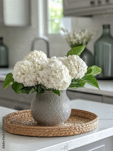 Elegant white hydrangeas in a textured vase on a kitchen countertop with natu...