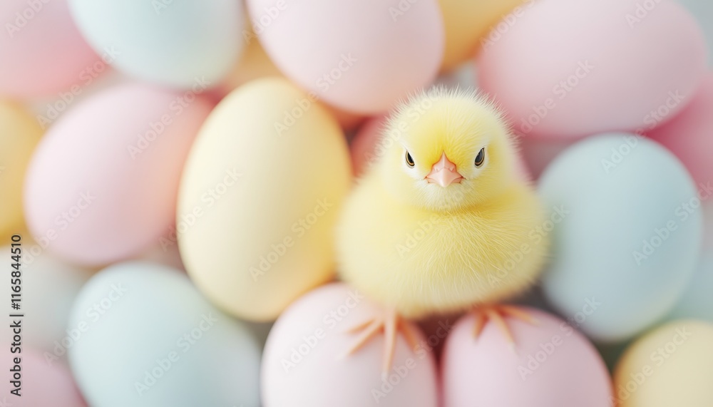 Capture the essence of Easter with an adorable Easter chick, its bright yellow plumage a symbol of spring, nestled amongst a collection of pastel painted eggs, evoking the joy of the holiday This Capture the essence of Easter with an adorable Easter chick, its bright yellow plumage a symbol of spring, nestled amongst a collection of pastel painted eggs, evoking the joy of the holiday This