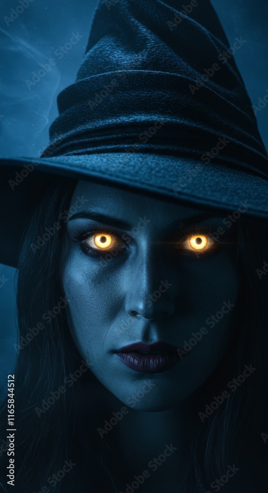 Close up of face of a Witch in Hat, Halloween Holiday, Zoom In, Zoomed Portrait