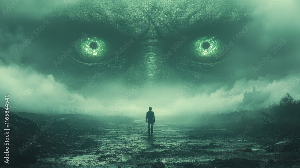 A man is walking through a foggy, dark forest with a large A man is walking through a foggy, dark forest with a large