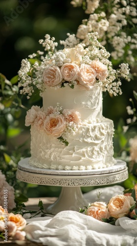 Elegant white wedding cake adorned with roses in a softly lit room