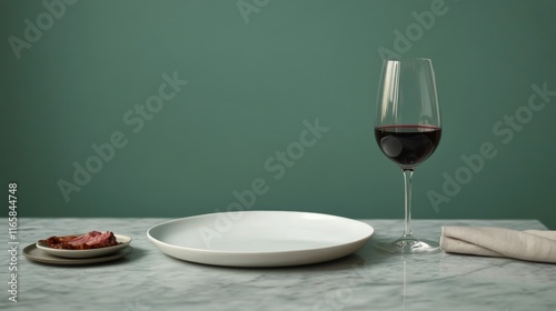 Elegant table setting featuring red wine and gourmet snacks in a minimalist s...