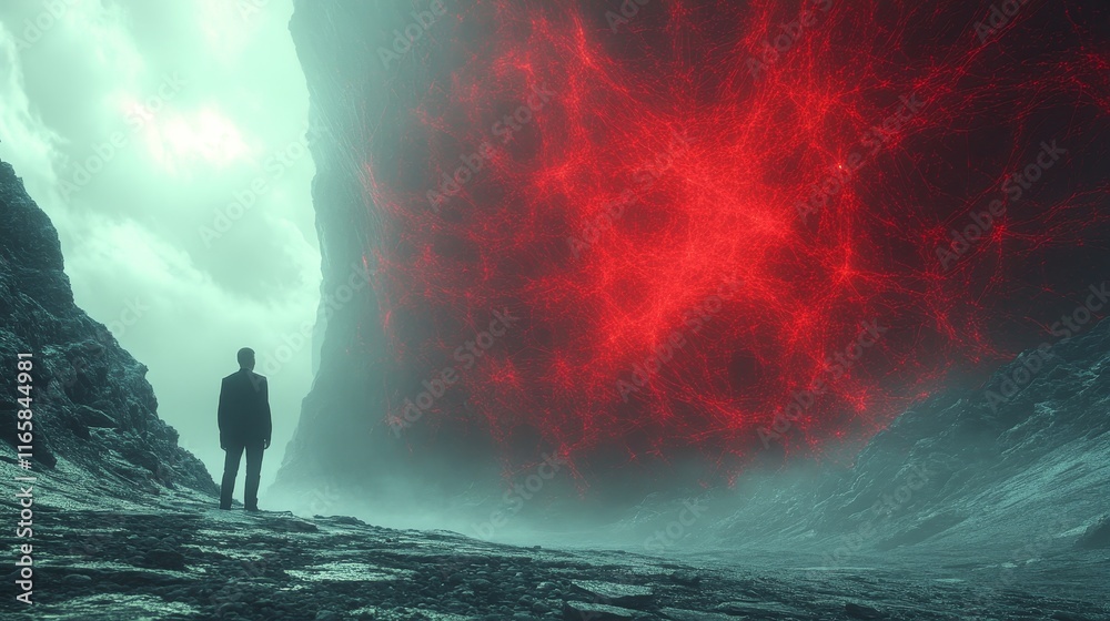 A man stands in front of a large red wall A man stands in front of a large red wall